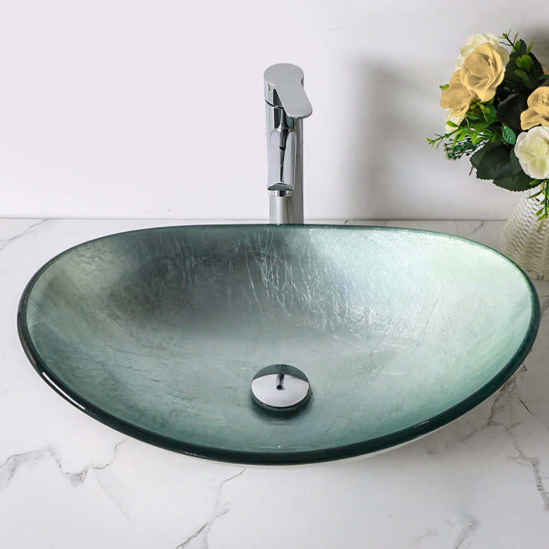21.5" L Oval Glass Bathroom Sink Vessel Sink with Pop-Up Drain, Silver