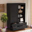 Armoire haute pour chambre avec porte de grange, tringle, tiroirs et tablettes ouvertes pour un rangement efficace des vêtements