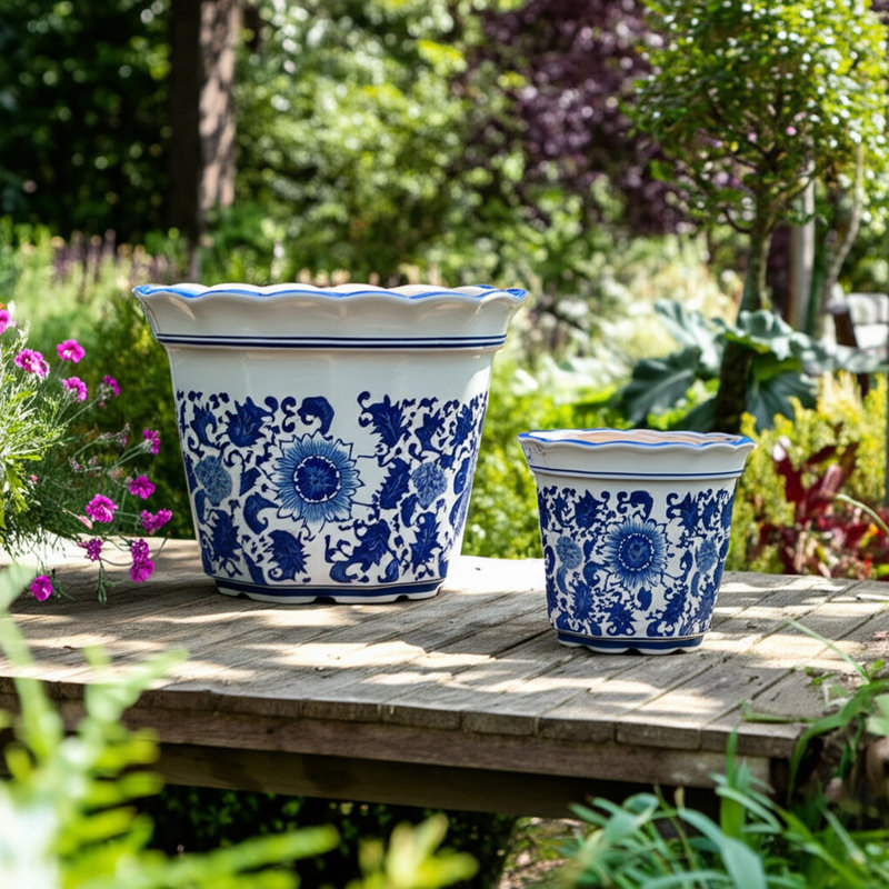 Stoneware Ceramic Planters with Scalloped Edge and Floral Relief Detail, Decorative Handcrafted Garden Accent Containers for Indoor or Outdoor Display, Set of 2