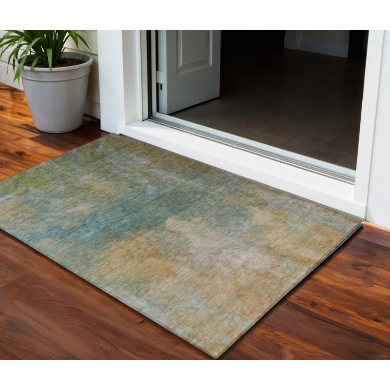 3' X 5' Artichoke Green Gray And Gold Abstract Washable Indoor Outdoor Area Rug