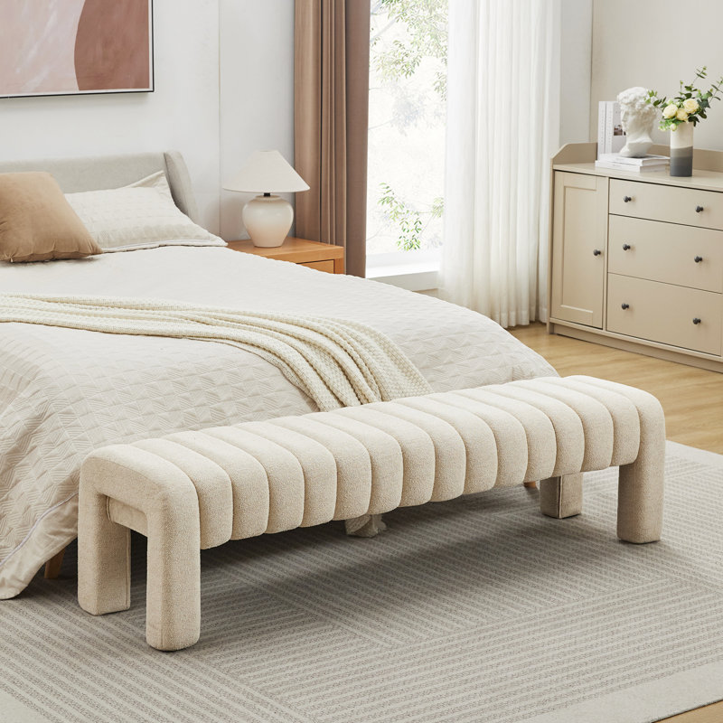 Gliese 160cm Beige Linen H-Shape Channel Tufted Upholstered Bench, Beige, 43cm H x 160cm W x 44cm D