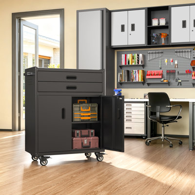 Armoire de rangement en métal pour outils avec 2 tiroirs et 2 portes avec roulettes et serrure