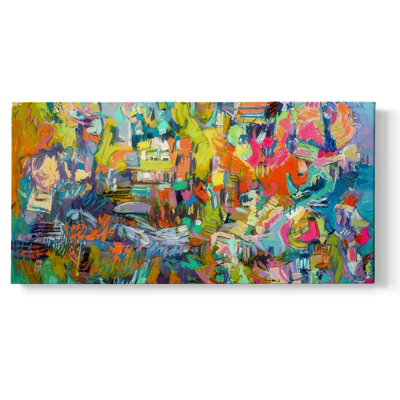 Île au soleil couchant I - Toile tendue avec châssis encadré - Prêt à être accroché, H 17 po x l 33 po, Doré