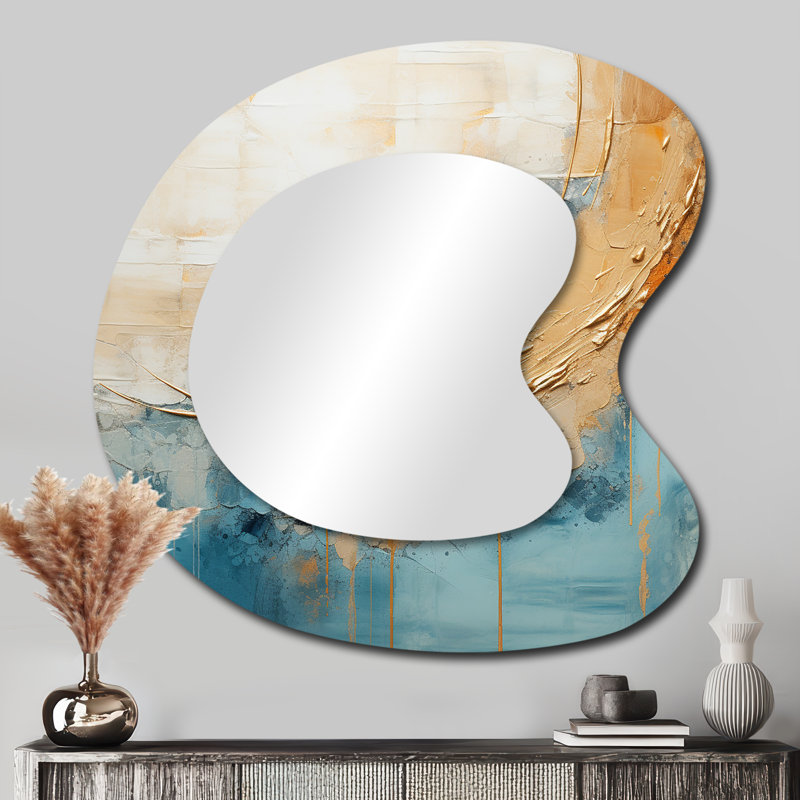 Peinture dorée et bleue Fusion I - Peinture abstraite de formes asymétriques - Grand miroir mural moderne, 33 po x 33 po