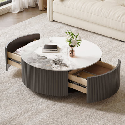 Table basse ronde moderne mobile avec roulettes, 2 tiroirs, plateau en pierre frittée à motif marbre, gris