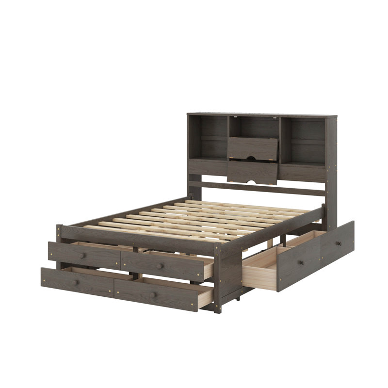 Lit plateforme très grand avec tête de lit et tiroirs de rangement, gris