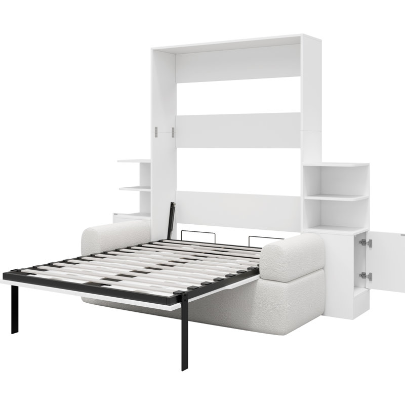 Lit mural blanc pleine grandeur avec rangement, idéal pour les petits espaces, pièce multifonctionnelle, cadre robuste blanc, se transforme de à en quelques secondes, fabrication de haute qualité, mécanisme à deux pistons