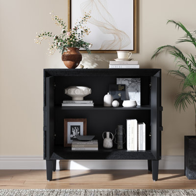Mid-century Modern Modular Credenza Sideboard Buffet, 31.5" Compact Storage Cabinet With Symmetrical Sunburst Pattern Doors, 2-door Accent Cabinet Wit