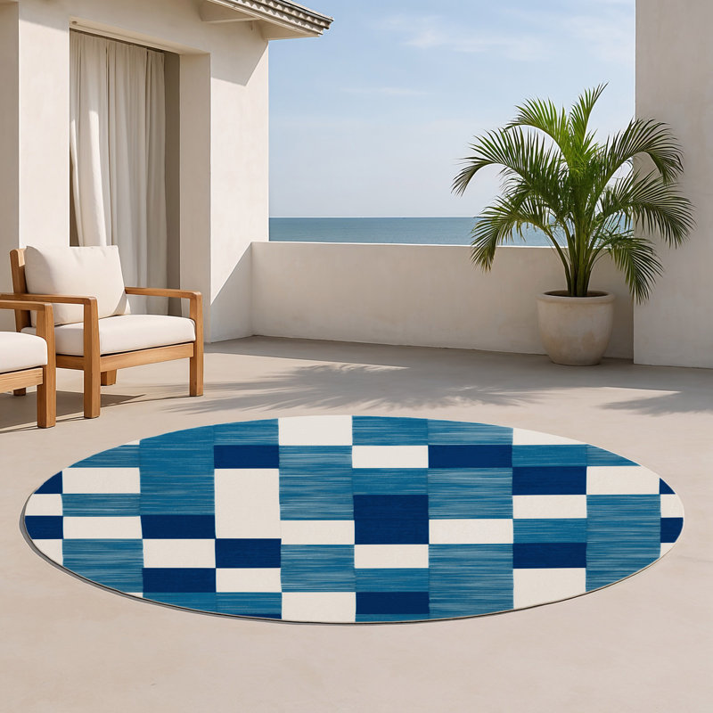 Tapis d'intérieur et d'extérieur à carreaux bleu, Rond 5 pi