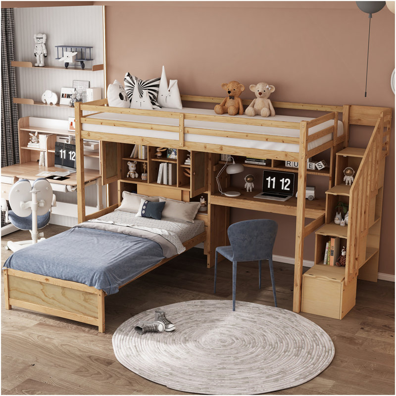 Lit mezzanine simple au-dessus de simple avec bureau intégré et escalier, avec compartiments de rangement et tablettes, naturel