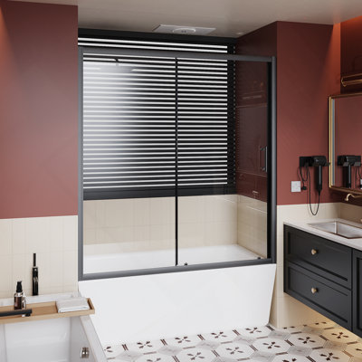 60.in W x 62.in H Single Sliding Shower Door for Bathtub, 1/5 inch Thick Clear Tempered Glass Shower Door with Stainless Steel Handle, Black