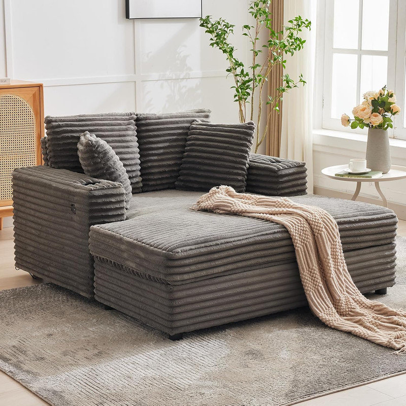 Méridienne surdimensionnée de 60 pouces, canapé-lit rembourré en velours côtelé avec coussins décoratifs pour le salon, Gris