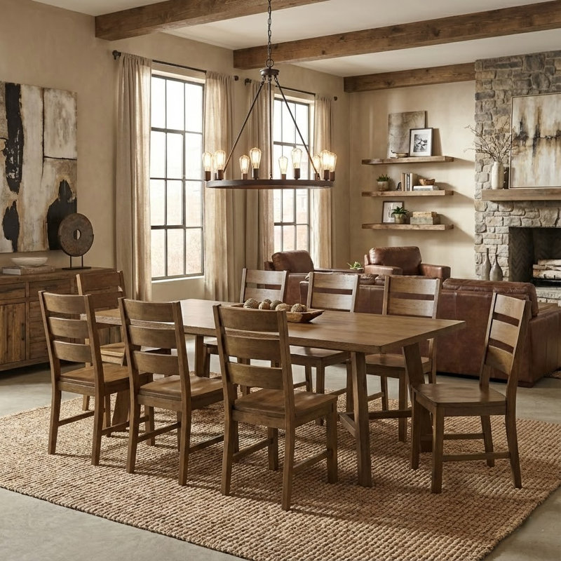 Alderon Modern Rectangular Dining Table Set, 9 Pieces: Table, 8 Chairs, Brown