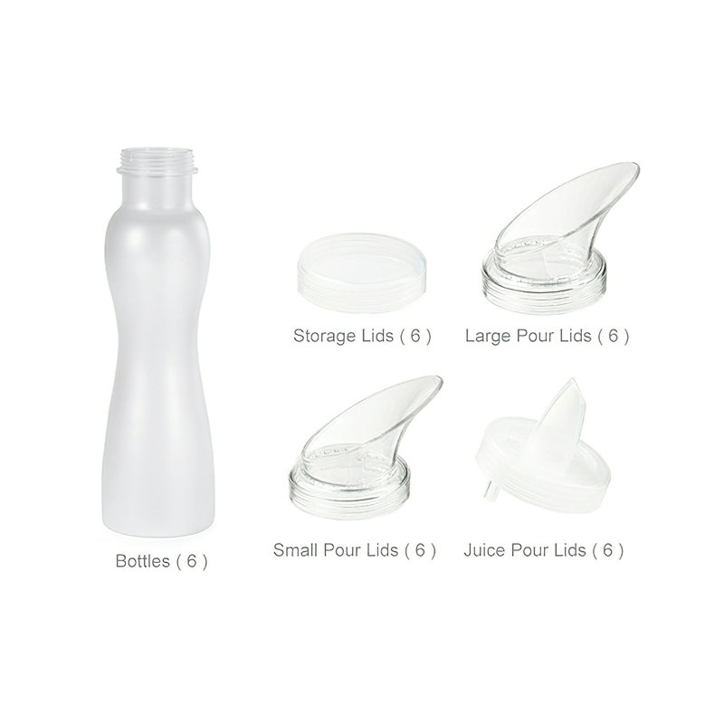(6) Bouteilles à vinaigrette transparentes avec (24) couvercles par GET, H 10,75 po x l 3,25 po x P 3,25 po