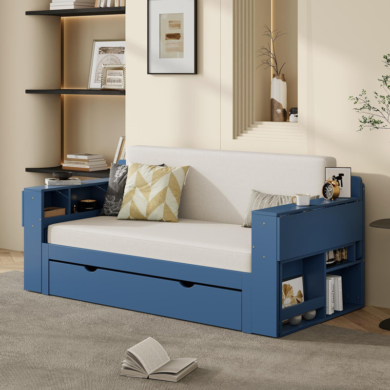 Full Size Daybed With Removable Desk, Storage Drawers & Hydraulic Side Table, Blue, Blue, Full