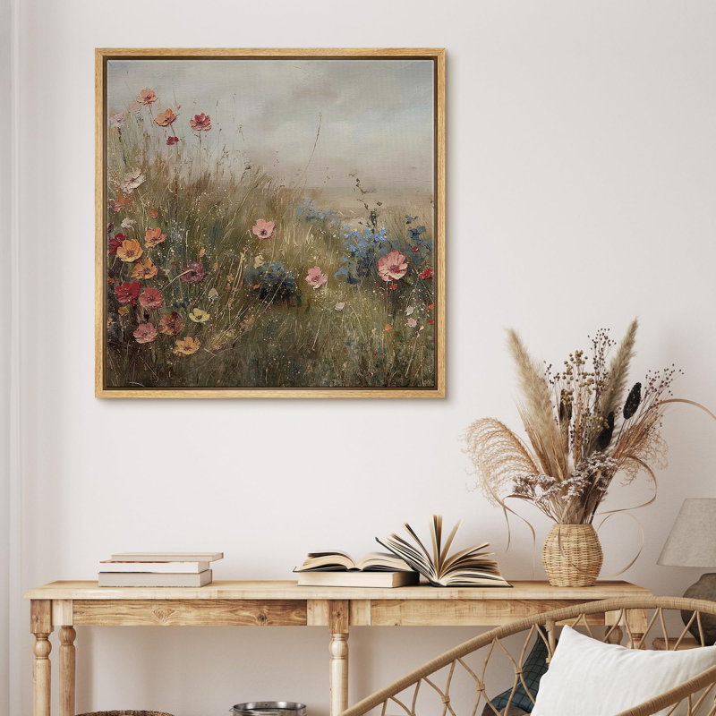 "Vintage Meadows Floral, campagne tranquille, paysage rustique, illustrations françaises", H 24 po x l 24 po, Naturel