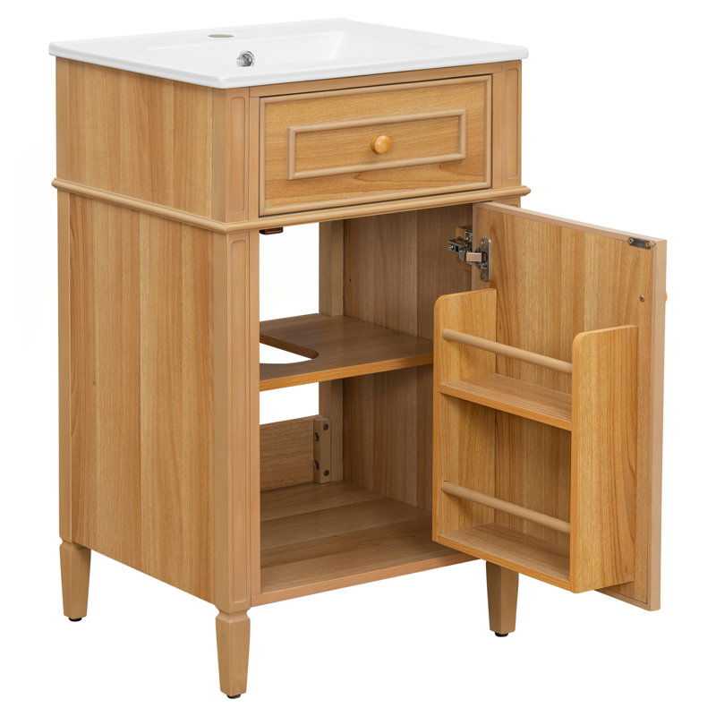 Meuble-lavabo en bois de 20 po avec lavabo, pieds en bois massif, tablette réglable, tiroir inclinable et conception autoportante moderne pour les petites salles de bain