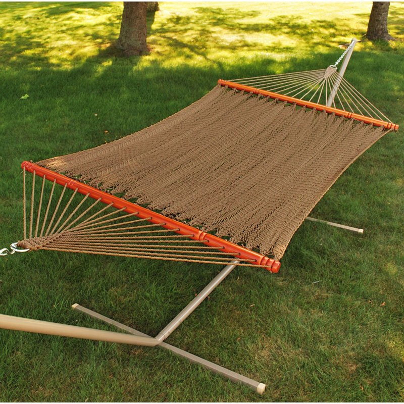 Golden Brown Polyester Rope Outdoor Hammock with Hardwood Spreader Bars