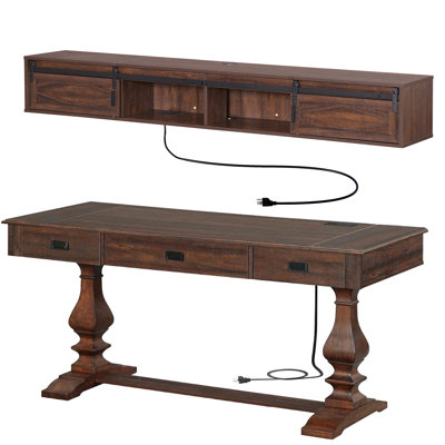 Farmhouse Home Office Desk And Hutch Set With Charging Station，Brown