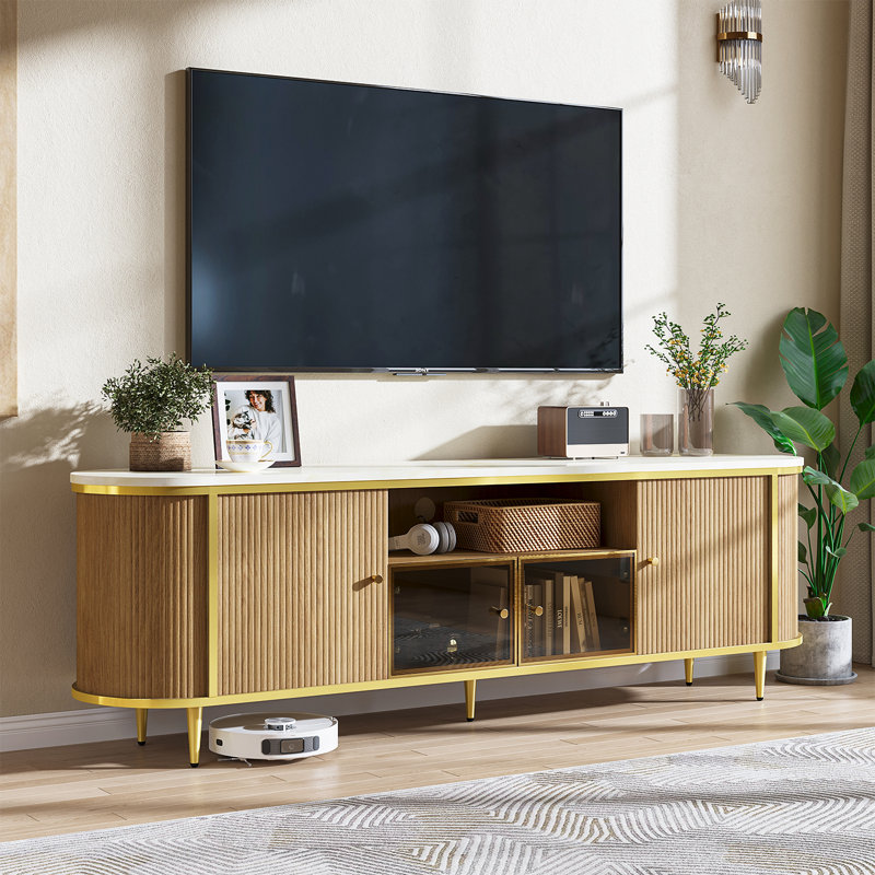 Meuble télé 70 po pour téléviseur de 70 po ou moins, meuble audio-vidéo de luxe avec dessus et profil incurvé, console multimédia de salon