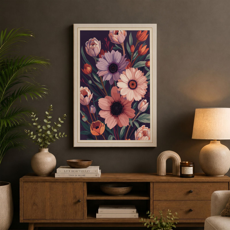 Coral Blooms in Darkness Botanical - Wrapped Canvas, 30x20 - 76.2 x 50.8 cm, Teal Border