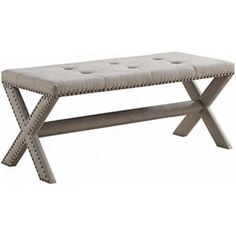 Banc rembourré Glam avec garniture cloutée et siège capitonné, Naturel