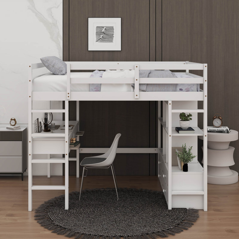 Lit mezzanine double avec bureau, tablettes et tiroirs de rangement