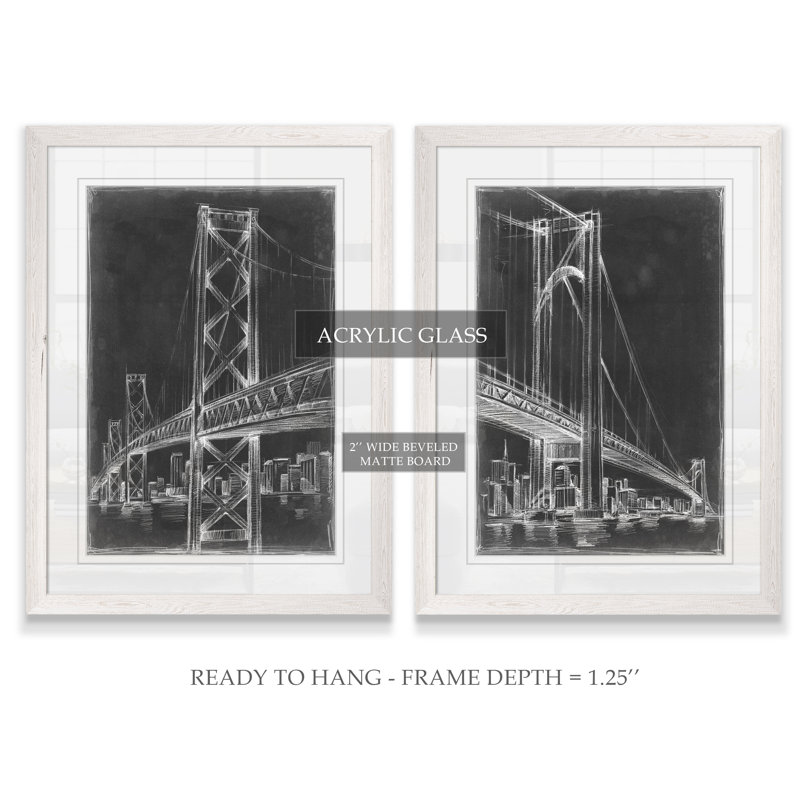 «Suspension Bridge Blueprint I», ensemble de 2 reproductions de dessins encadrés, H 20 po x l 16 po x P 1,25 po, Blanc