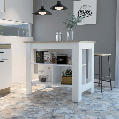 Îlot de cuisine avec table de préparation spacieuse, 3 tablettes de rangement ouvertes, 4 pieds robustes et poste de travail de préparation au repas pour une table d'îlot de cuisine moderne, fonctionnelle et organisée