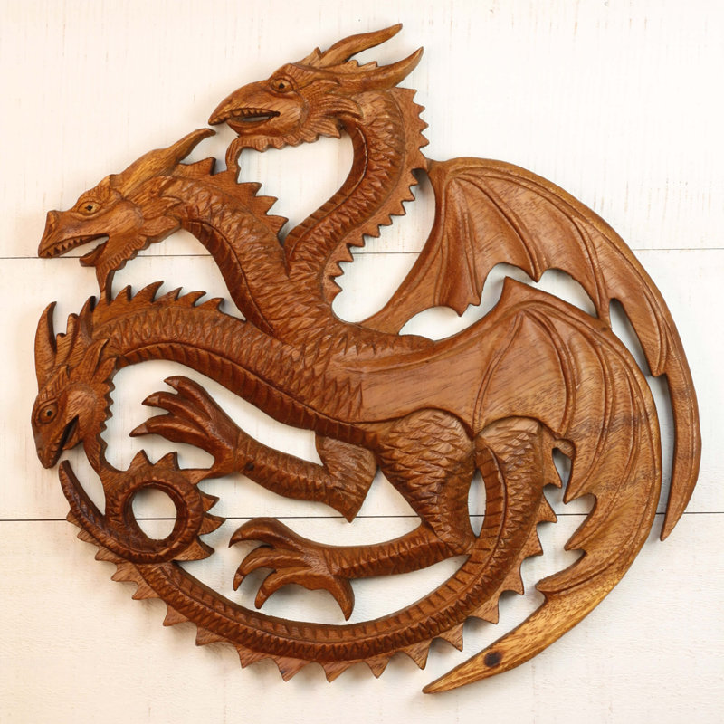 Art mural en bois 12 po Dragon à trois têtes - Sculpture fantaisie sculptée à la main, décoration rustique