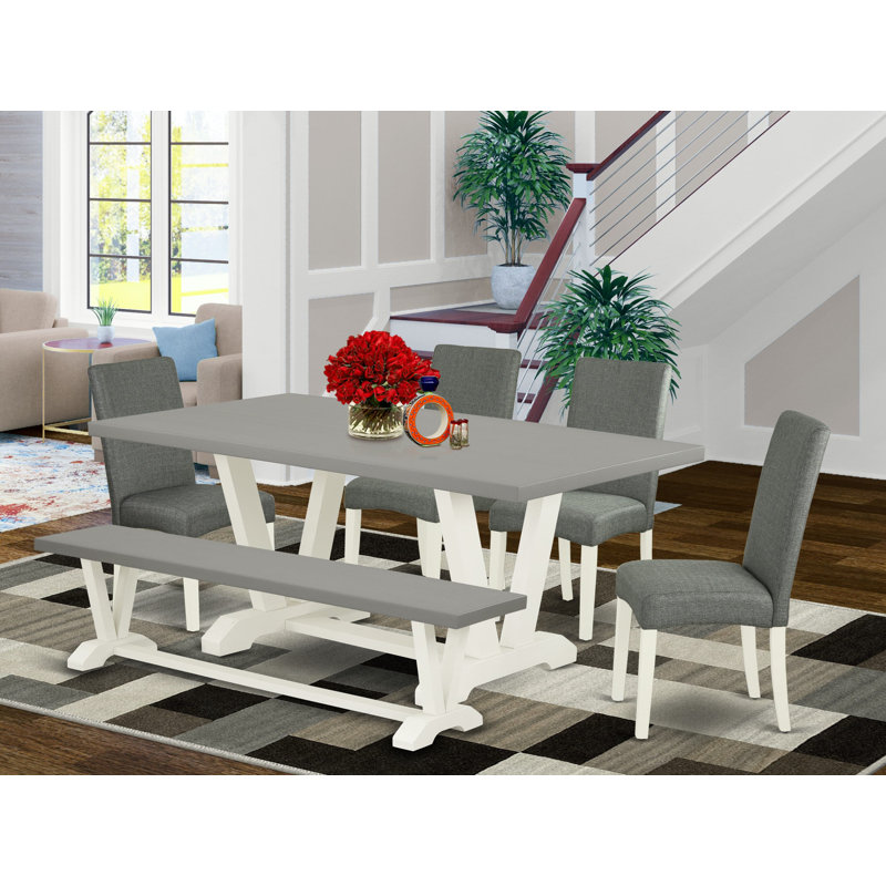 6-Pc Dining Room Set – 4 Grey Dining Chairs, a Modern Bench, and a Cement Dining Room Table - Linen White 