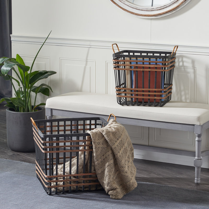 Panier de rangement carré en bois de bambou noir avec accents bruns, ensemble de 2