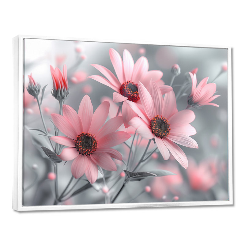 Rose, gris, botanique, beauté, marguerites I - marguerites, art mural, salon, Toile encadrée flottée blanche