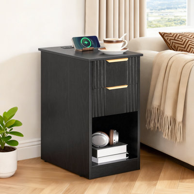 Table de bout étroite avec 2 tiroirs et station de charge intégrée