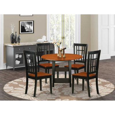 L'ensemble de mobilier de salle à manger 5 pièces comprend une table ronde avec Dropleaf et des tablettes et 4 chaises en bois, noir et cerisier
