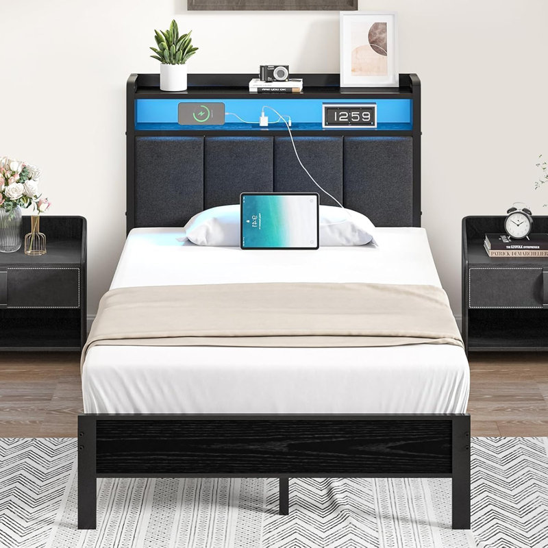 Bed Frame with Storage Headboard, Upholstered Platform Bed with Charging Station and LED Lights, Heavy Duty Metal Slats, Twin