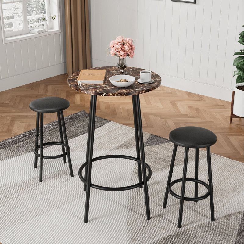 3-Piece Bar Table Set With 2 Bar Stools – Modern Pub Table, Brown, Black
