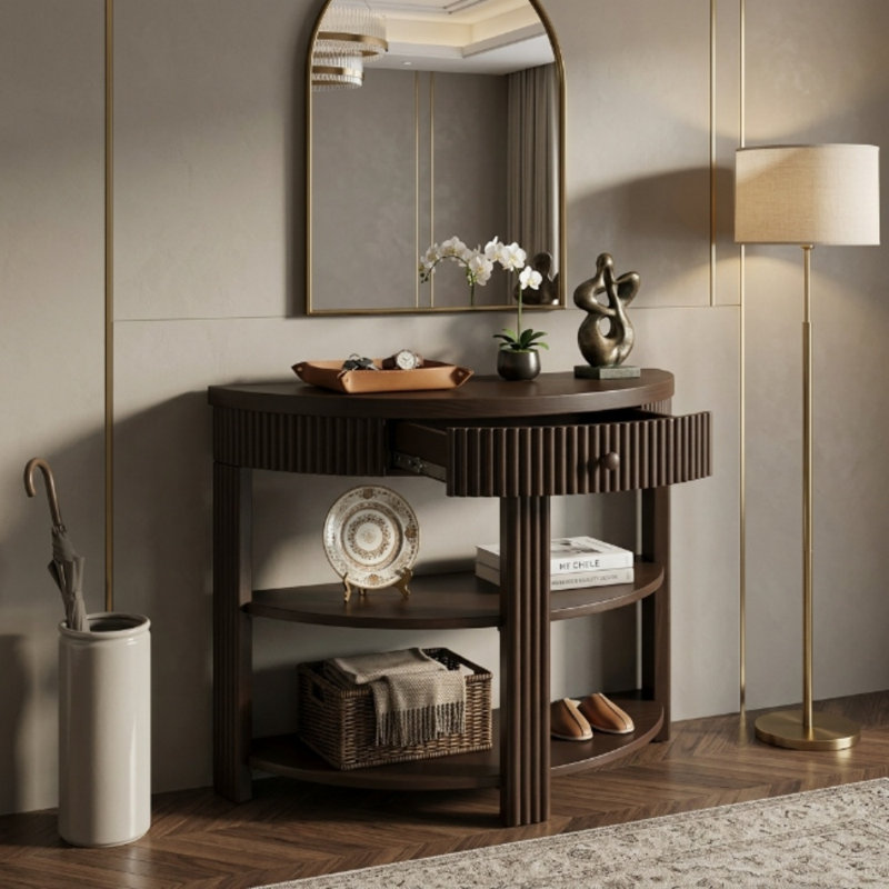 Console cannelée demi-lune, table d'entrée en bois espresso avec tiroir incurvé et 2 tablettes de rangement ouvertes