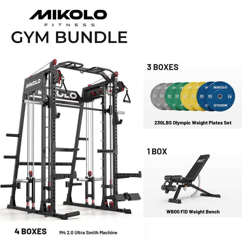 Machine Mikolo Smith, capacité de 2 200 lb, déroulement latéral, câble croisé et support pour les jambes, Noir