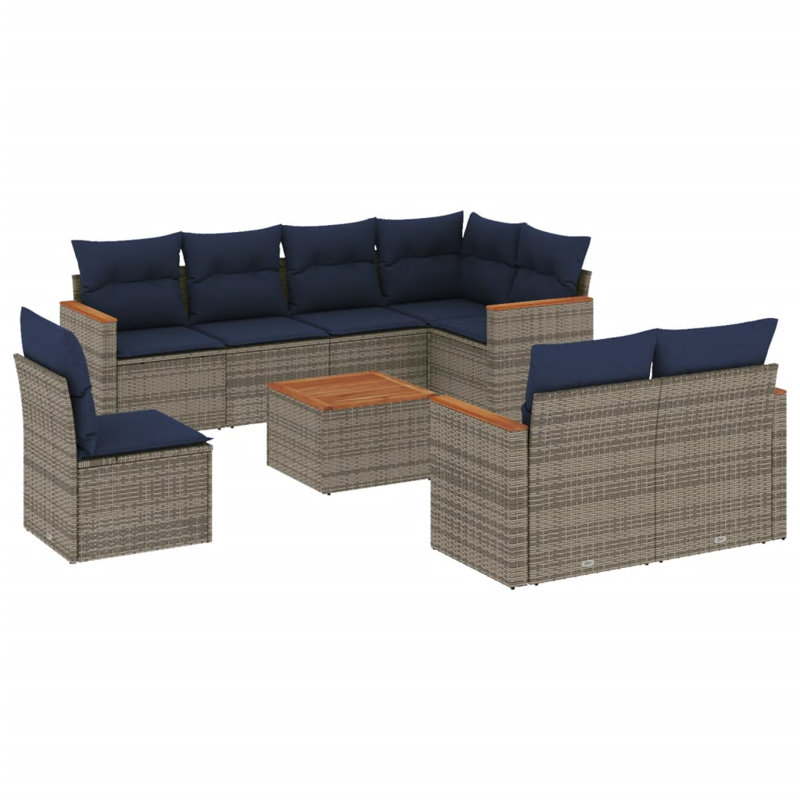 Ensemble de canapé de patio 9 pièces avec coussins en rotin de polyester, Marine, Gris