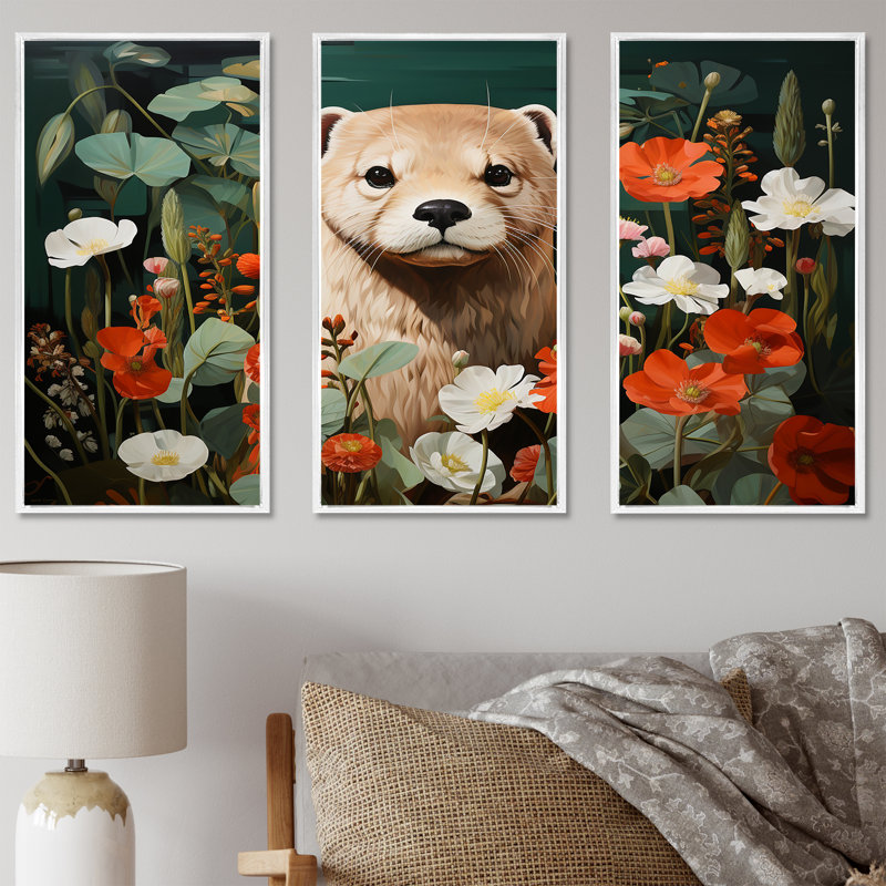 Loutre ludique en fleurs tropicales II - loutre, art mural, Cadre flottant blanc, H 32 po x l 48 po