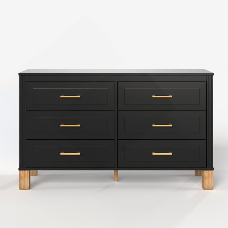 Commode 6 tiroirs, commode de rangement moderne avec poignées en métal et pieds en bois massif, Noir