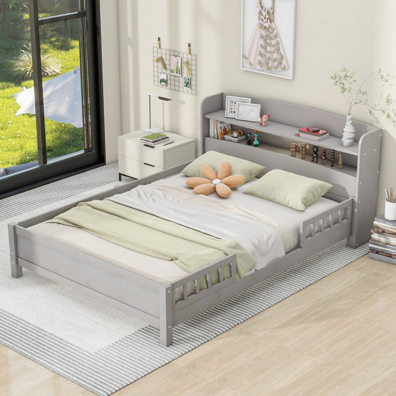 Lit plateforme double en bois avec éclairage à DEL intégré, tête de lit avec rangement et garde-corps, Gris
