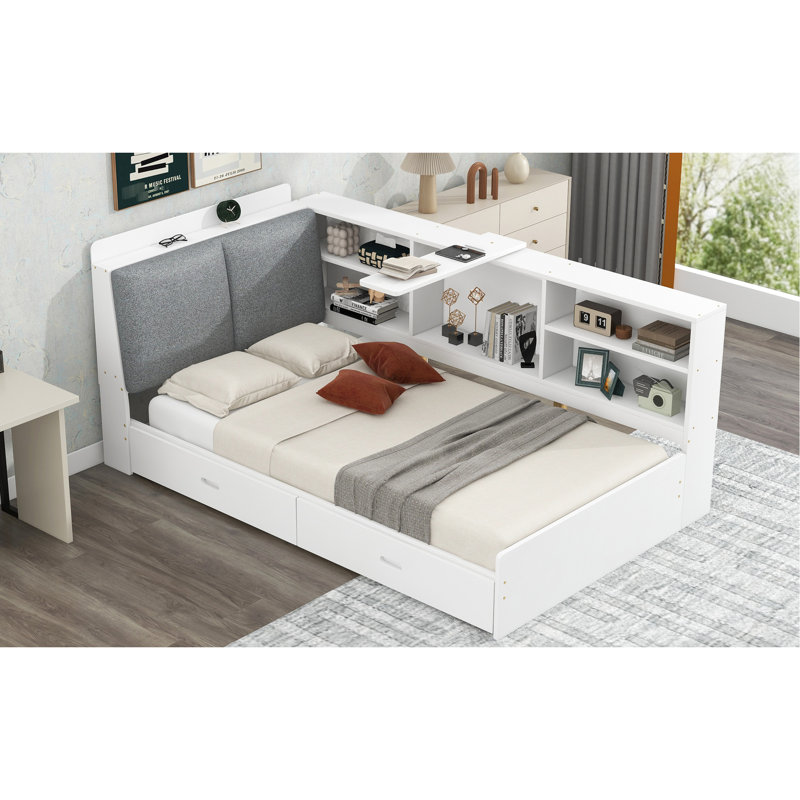 Lit plateforme simple blanc avec rangement pour tête de lit, 2 tiroirs et tablettes pour chambre à coucher