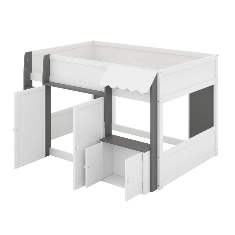Lit mezzanine double avec rangement, porte et fenêtre, structure de lit en bois avec rangement, Blanc / Gris