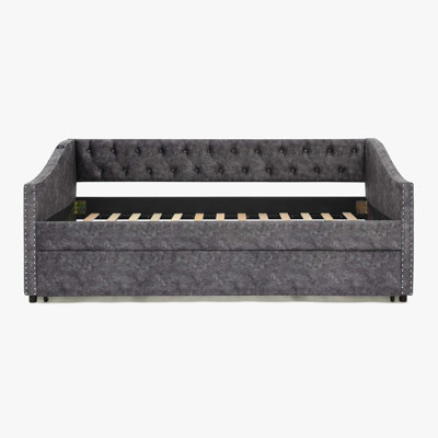 Twin Size Daybed With Usb Charging & Pull-Out Extendable Bed, With Button On Back And Copper Nail On Waved Shape Arms (81"X42"X30.75")