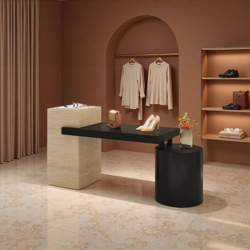 Table de présentation moderne beige et noire, H 35,43 po x l 55,12 po x P 23,62 po