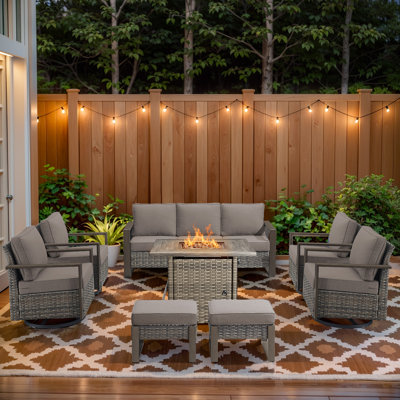 Palomares 8-Piece All Weather Outdoor Wicker Patio Square Fire Pit Conversation Set With 4 Swivel Gliders And 2 Ottomans