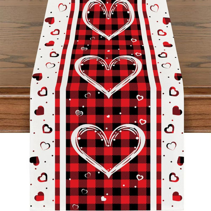 Chemin de table de la Saint-Valentin, décoration de table pour la Saint-Valentin, chemin de table à carreaux rouges avec cœurs, idéal pour une fête printanière à la maison ou un rendez-vous amoureux, 33 x 183 cm