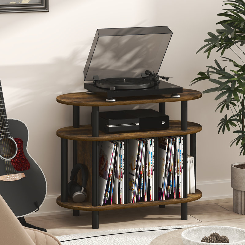 Support pour platine vinyle JAYA avec rangement intégré, pouvant contenir jusqu'à 180 à 185 disques vinyles, idéal pour le salon ou la chambre, couleur pin ambré.